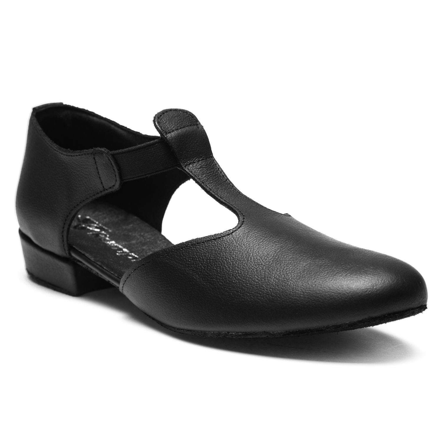 Rumpf's 1312 Griechische Sandale in Schwarz: Schwarzer Leder-T-Riemen-Tanzschuh mit niedrigem Absatz und Chromledersohle.